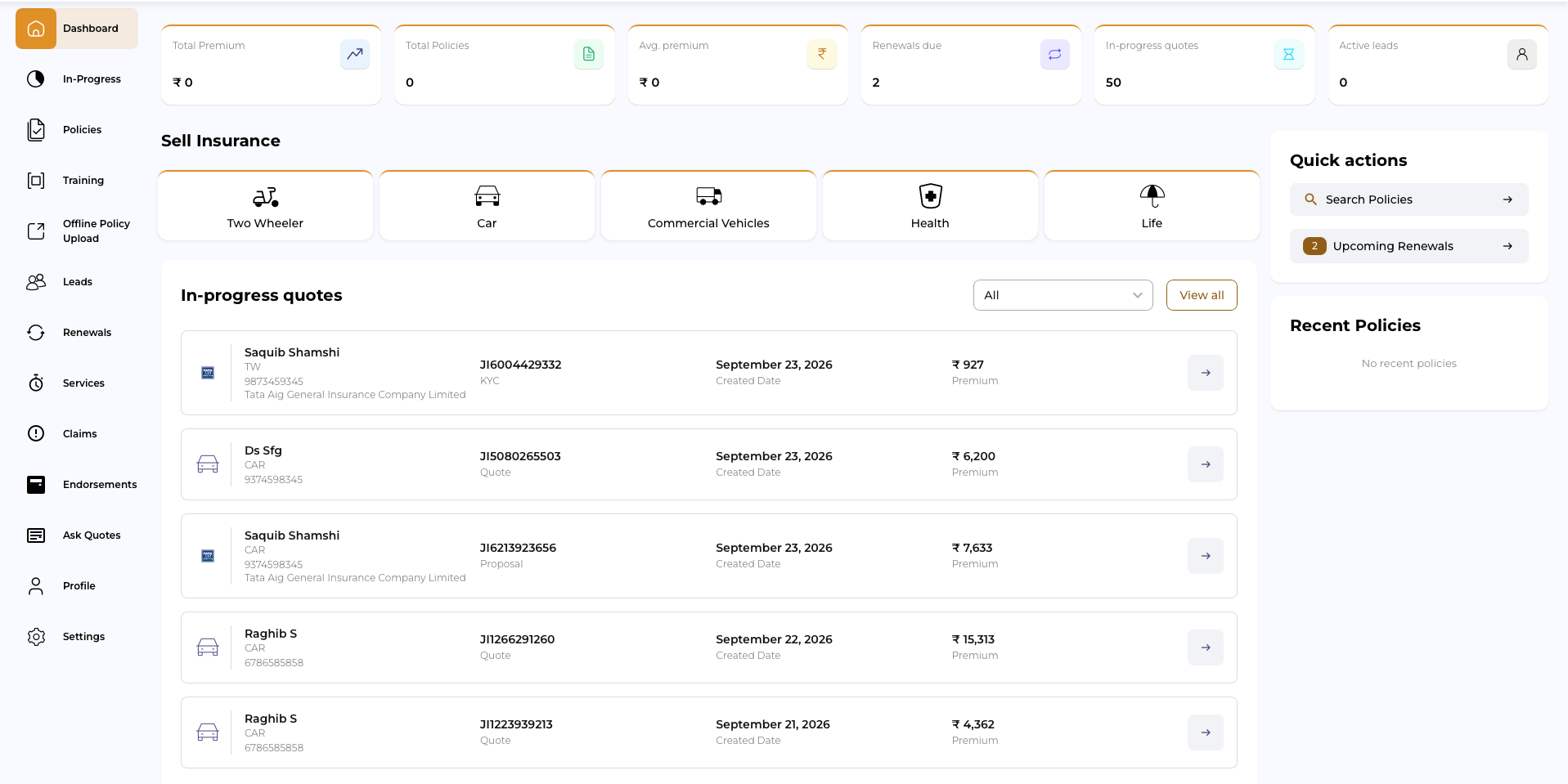 InsurePOS Agent Network Platform Dashboard